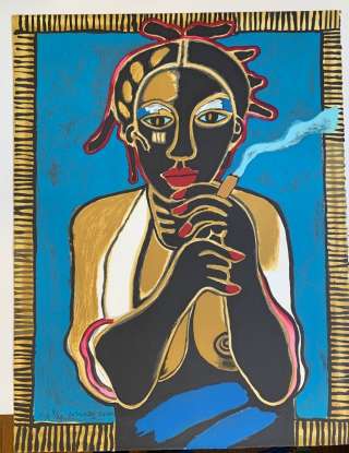 Lithographie signée Afro-cubaine fumant le cigare